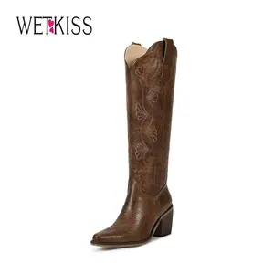 Wetkiss Women’s Knee High Western Boots, Ginkgo Leaf Embroidered Cowboy Style with Chunky Heel and Convenient Side Zip Design ,Women's Shoes,Women's Boots  #Summervibes #TikTokShopStockUp