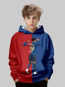 Boys' Football Graphic Hoodies, Blue Colorblock Pullover with Number 19 Design, Soft Sport Jacket for Teen Soccer Players & Fans, Athletic Hoodie