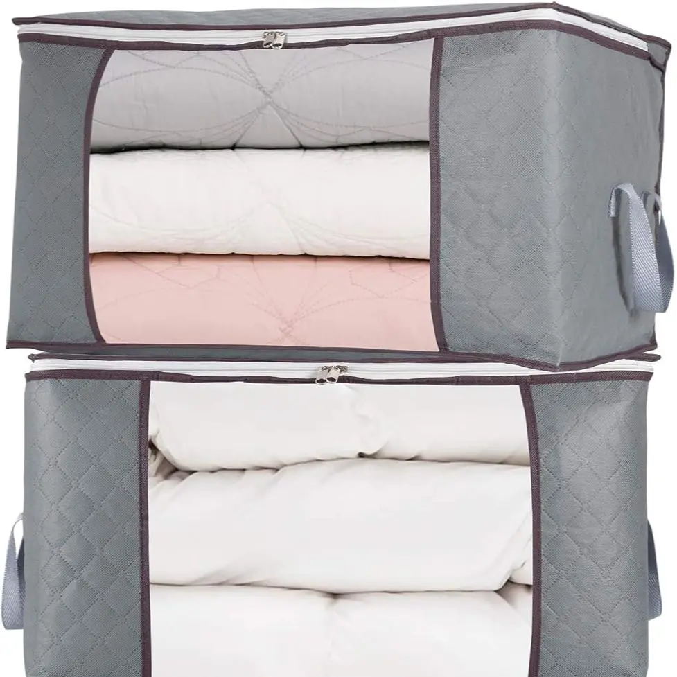 Clothes Storage Bag, Clothes Organizers and Storage Bedding Storage Containers with Zipper Lids, Gray Closet Collapsible Clothing Bins for Linen, Blanket, Fabric, Pillow, Dorm