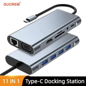 11-IN-1 USB C HUB 3.0 Type-C Docking Station Splitter To 4K HDMI VGA RJ45 Ethernet SD/TF Card Reader USB 3.0 87W PD Charging 3.5mm AUX Audio USB C Dongle Multi Port USB Ports Adapter