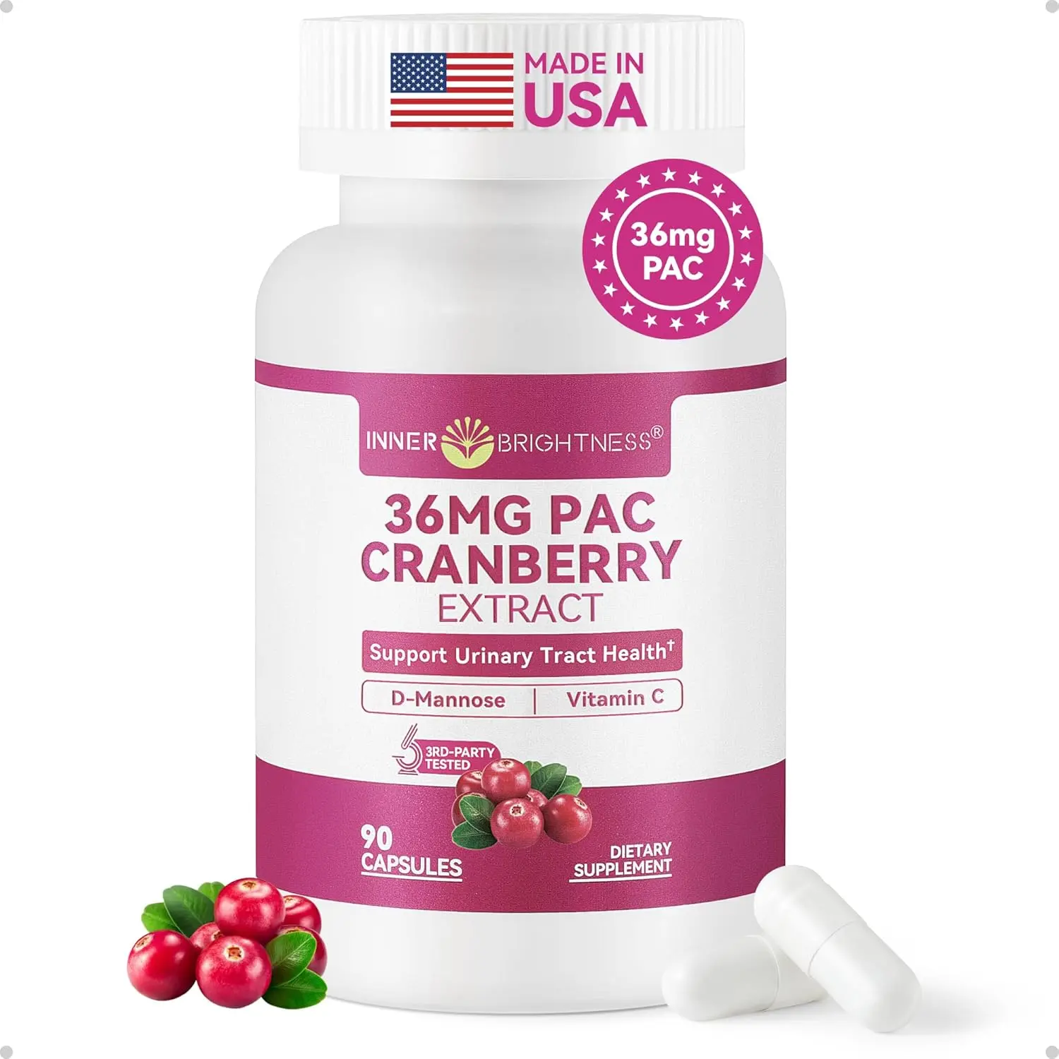 Cranberry Pills with D-Mannose & Vitamin C, 36 mg Soluble PACs - Urinary Tract & Bladder Health Support Supplement, 90 Capsules