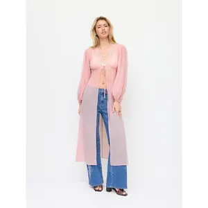 Cider Chiffon V-neck Puff Sleeve Lace Panel Long Sleeve Blouse