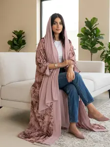 Women's Tie-Dye Butterfly Print Abaya Set, Elegant Two-Layer Open Design, Includes Headscarf, Casual Street Style, All Seasons