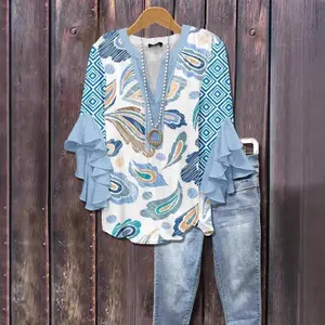 2025 European and American Fashion New Style 3D New Product Creative Floral Element Printing Digital Printing Casual Trend V-neck Lotus Edge T-shirt Women's Top cute tank stretchy shapewear for women white classic Womenswear Blouses Long Sleeve Vneck