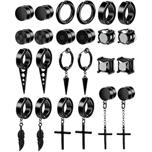 12 Pairs Black Magnetic Earrings: Clip On, Hoop & Dangle Designs - Non-Piercing Set for Men & Women