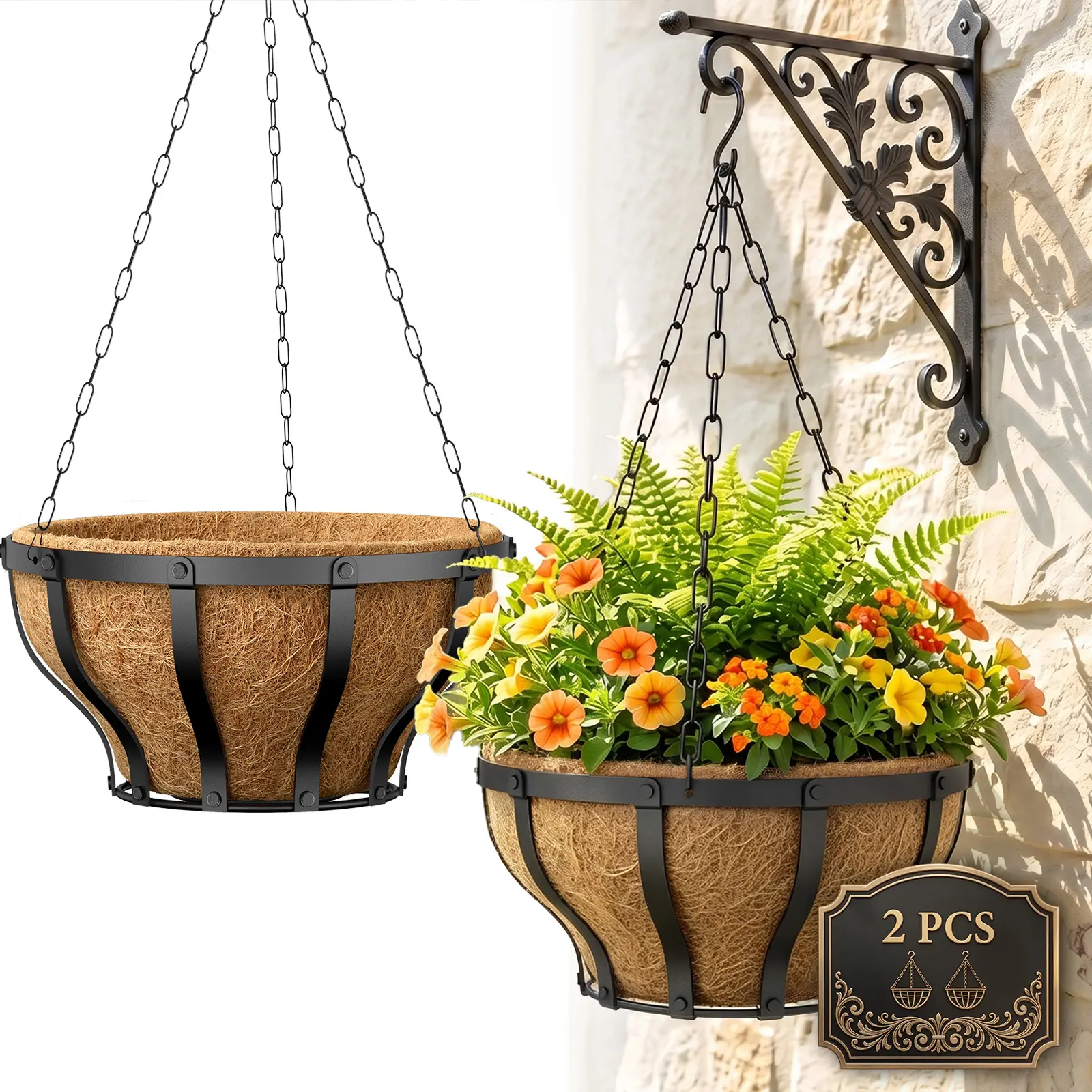 VOXOR 12" Wide Dynamic Art Nouveau Metal Frame Hanging Flower Baskets, 2-Pack Black Whiplash Shape Garden Planters with Natural Coco Fiber Liner, 20 lbs Capacity Plant Holder for Balcony, Indoor Garden