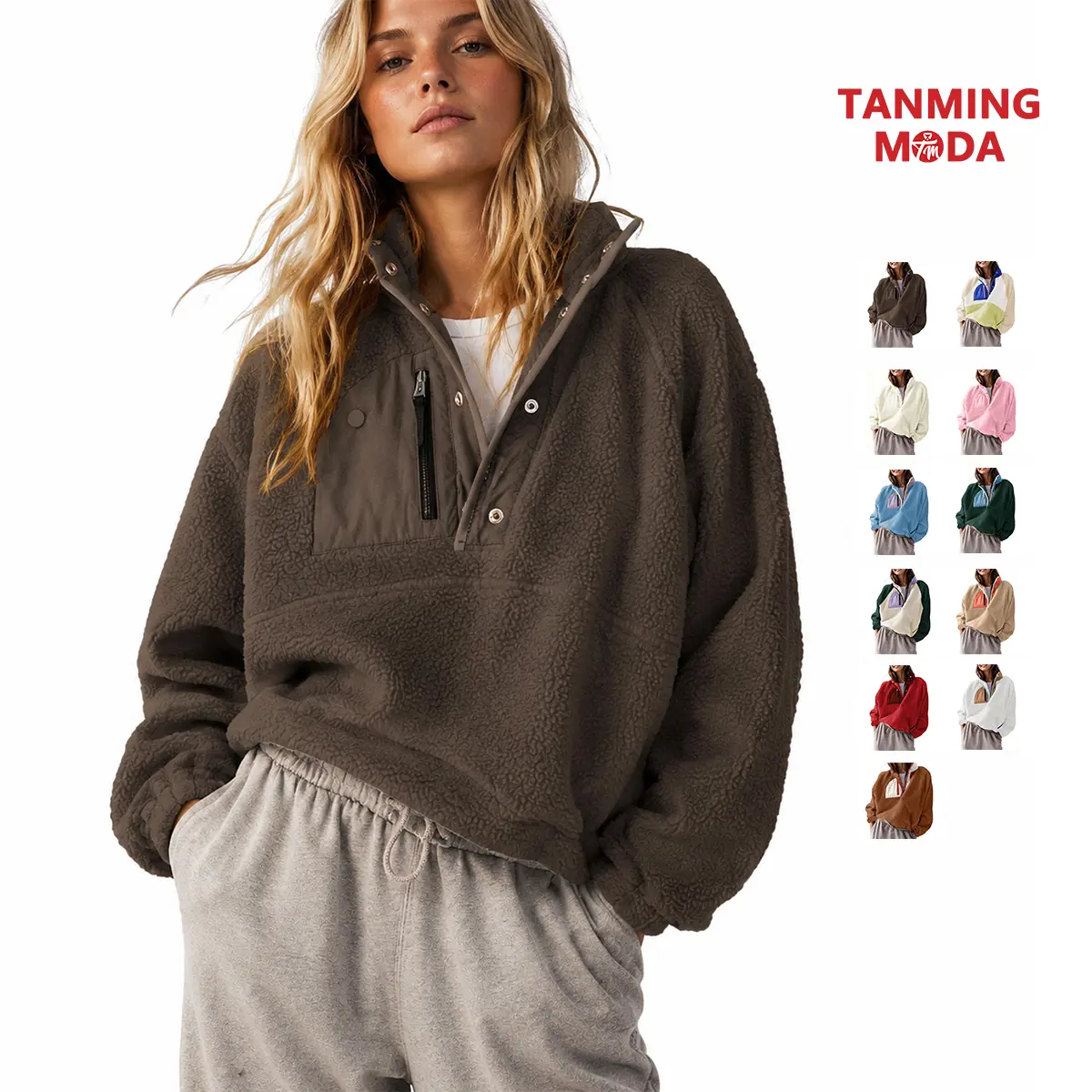 TanmingModa Women's Fitted Lightweight Colorblock Fleece Coat - Mockneck Cropped Fuzzy Sherpa Sweatshirt with Pockets, Long-Sleeve Casual Layering Clothes, Polyester Women's Clothing