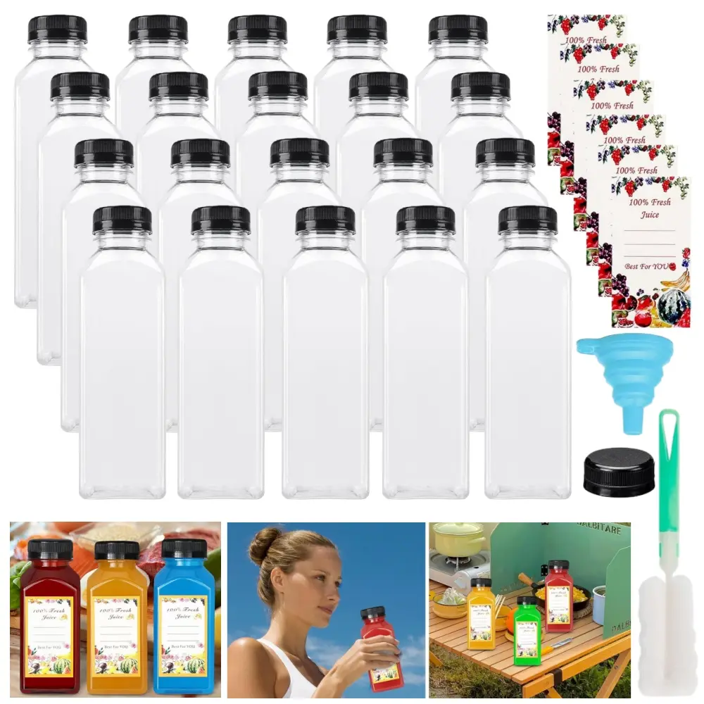 20 pcs 16oz Empty Plastic Juice Bottles Clear Drink Containers with Lids Reusable Clear Bulk Beverage Containers for Homemade Juice, Smoothie, Milk and Drinks