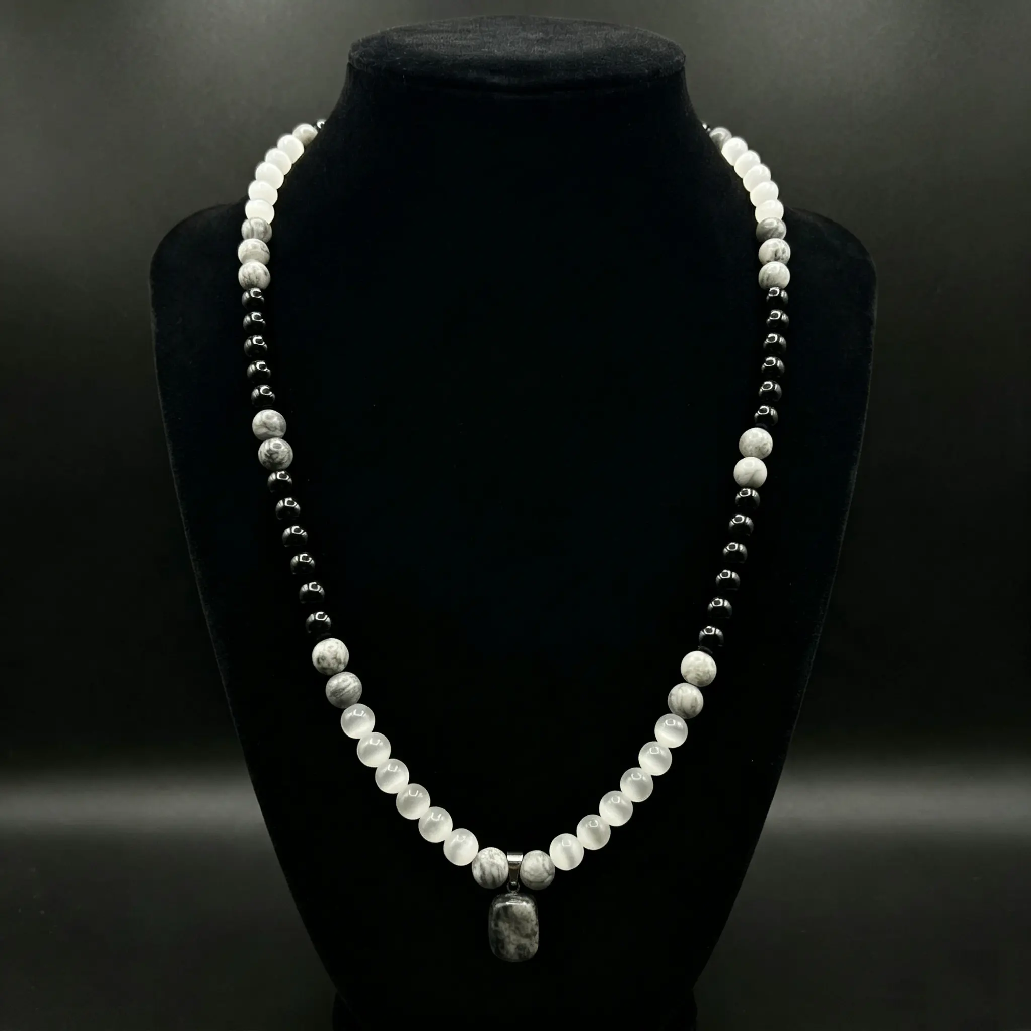 Prosperity Gemstone Necklace - Black Obsidian, White Jade, Classic Casual Feng Shui Jewelry for Female, Birthday Gift, Attracts Wealth, Balances Positive Energy, Healing Stone Long Sweater Accessory, Unisex