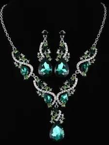 Vintage Emerald Crystal Jewelry Set, Teardrop Rhinestone Necklace Earrings Two Piece Set, Elegant Party Accessories