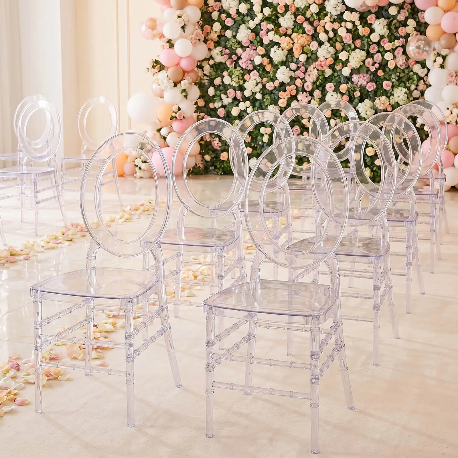 3-Pack Clear Acrylic Ghost Chiavari Chairs with Oval Open Back – Transparent Resin Stackable Armless Chairs