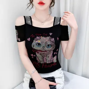 Y2k New European Clothes Ladies T-Shirt Fashion Sexy Off Shoulder Shiny Cartoon Mesh Diamond Tops Summer Short Sleeve Women Tees Womenswear Gamis