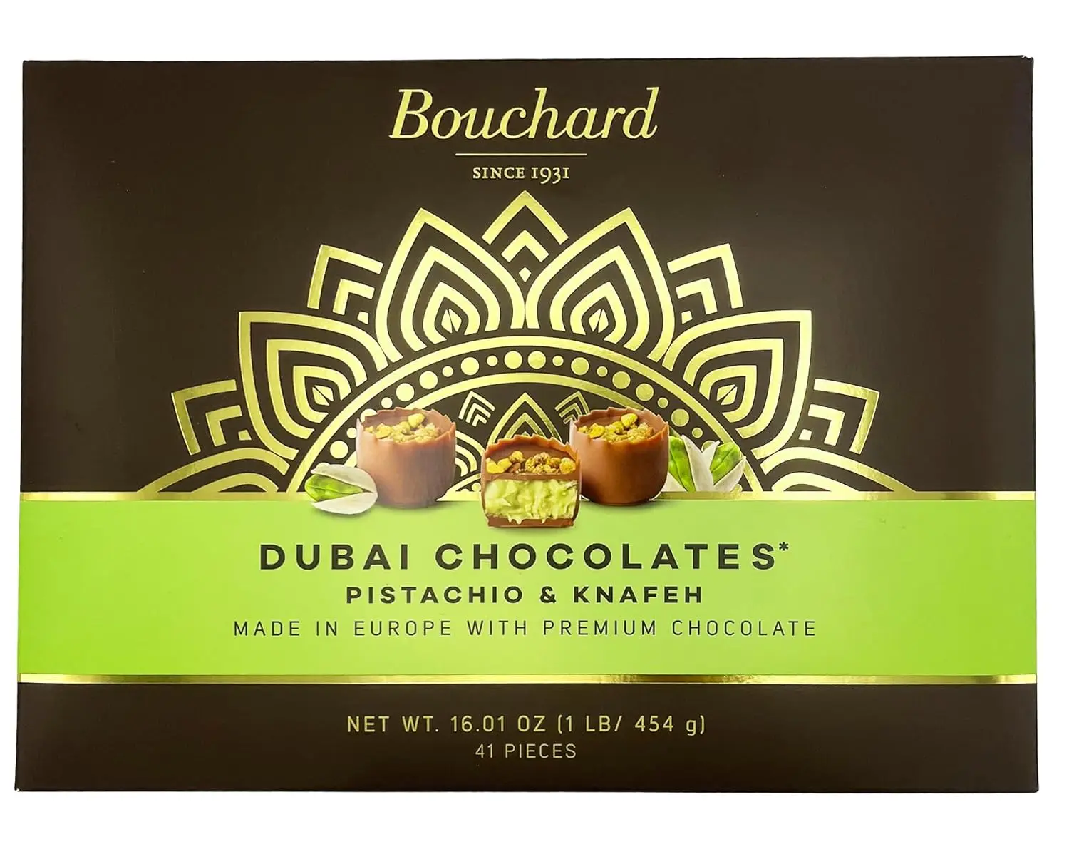 Bouchard Dubai Chocolates Pistachio & Knafeh 16.01 OZ 1 LB 454g 41 Pieces Premium European Chocolate with Nutty Pistachio and Traditional Knafeh Flavor