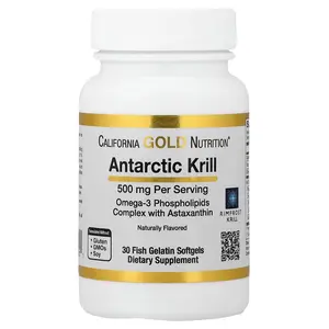 California Gold Nutrition Antarctic Krill Oil, Omega-3 Phospholipids Complex with EPA, DHA, and Astaxanthin, Natural Strawberry and Lemon, 500 mg, 30 Fish Gelatin Softgels
