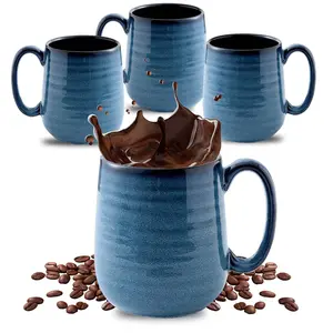 Hasense Handcrafted Ceramic Coffee Mugs Set of 4, 15 oz Cups with Handle, Unique Glaze Finish, Perfect for Morning Coffee, Home Kitchen and Father’s Day Gift, Microwave Dishwasher Safe, Navy