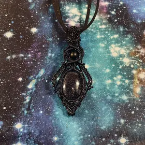 Enchanted Blue Sandstone With Black Onyx Copper Wire Wrapped Astral Projection Amulet