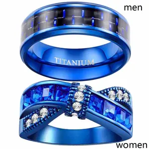 Ringcrown Couple Rings Blue Matching Rings Princess Cut AAA CZ Women Wedding Ring For Him And Her Men Titanium Steel Wedding Band