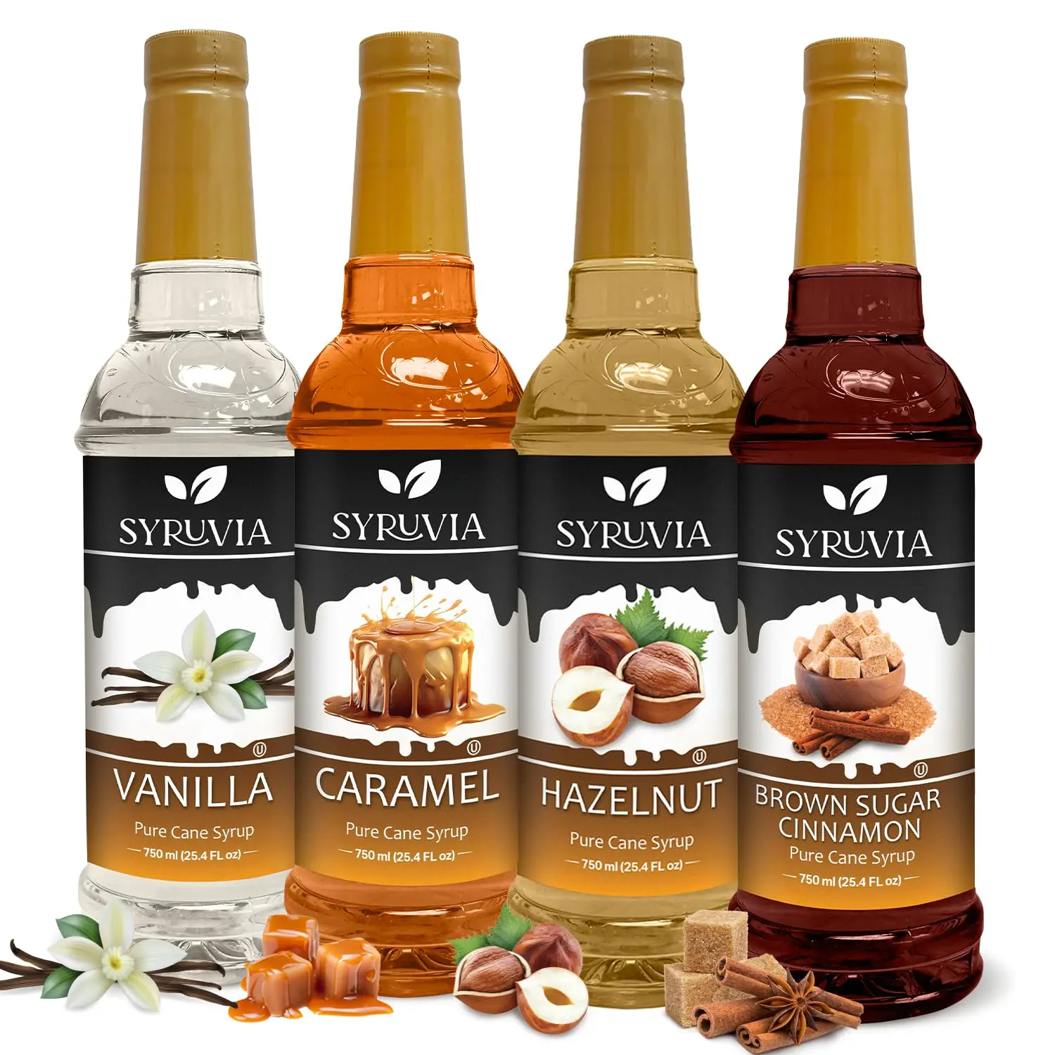 Syruvia Coffee Syrup Variety Pack - 4-Pack Sweet, Gluten-Free Beverage Syrups (Vanilla, Caramel, Hazelnut, Brown Sugar Cinnamon) - 25.4 fl oz Cafe-Style with Rich Sweetness, Ideal for Room Temp Coffee, Tea
