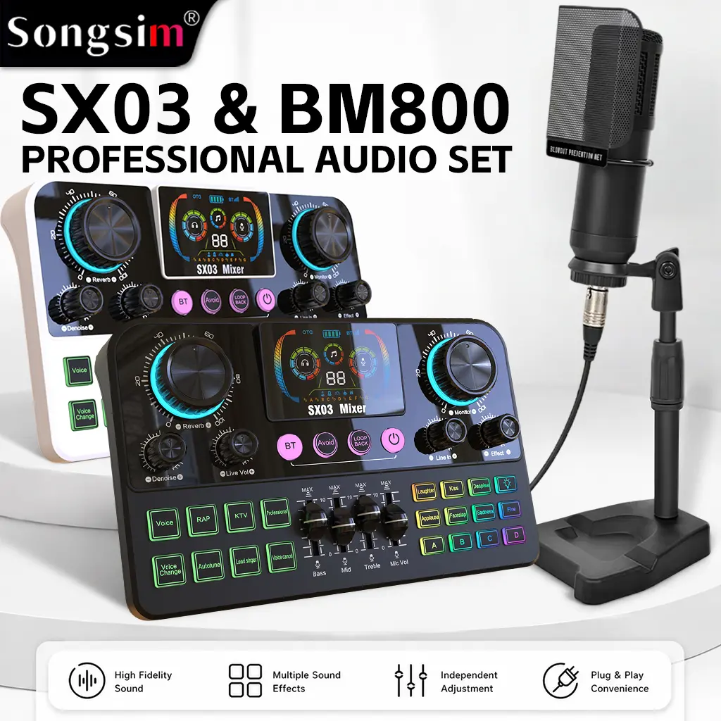 Songsim SX03&BM800 Entertainment Mixer Kit - Condenser Microphone, 2-Level Noise Cancellation, Custom Sound Effects, Audio Interface Soundboard, Amplifier Mixer for Live Audio, Streaming, Karaoke, Live Audio Mixer