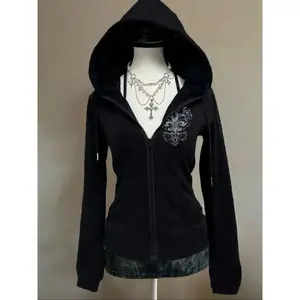 Womens Zip-Up Black Graphic Hoodie | Viral Edgy Goth Vibe Fleur-De-Lis Print Outfit | Soft Fabric Casual Daily Streetwear | Trendy Dark Aesthetic OOTD | Comfy Hooded Fit | Retro Gothic-Inspired Design | Must-Have TikTok Fashion Top | Stylish Edgy Wear For