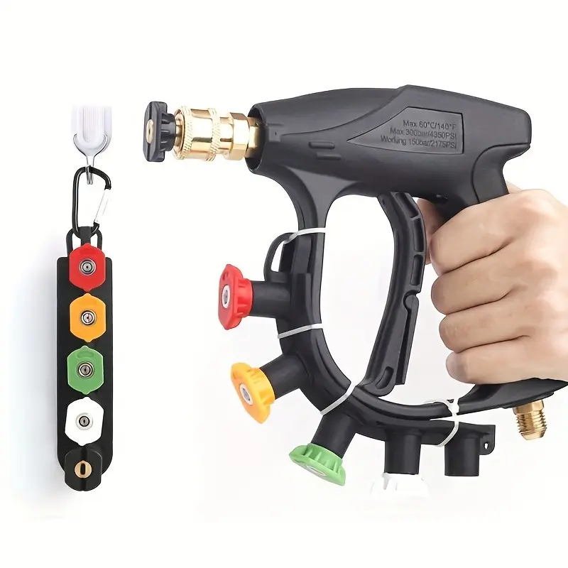 This 4350PSI high-pressure car wash gun, Car wash equipment, is designed for high-pressure cold water washers, featuring an M22-14 connector, a 1/4' quick-connect interface, 5 colored nozzles, Adjustable water pressure, and a storage base