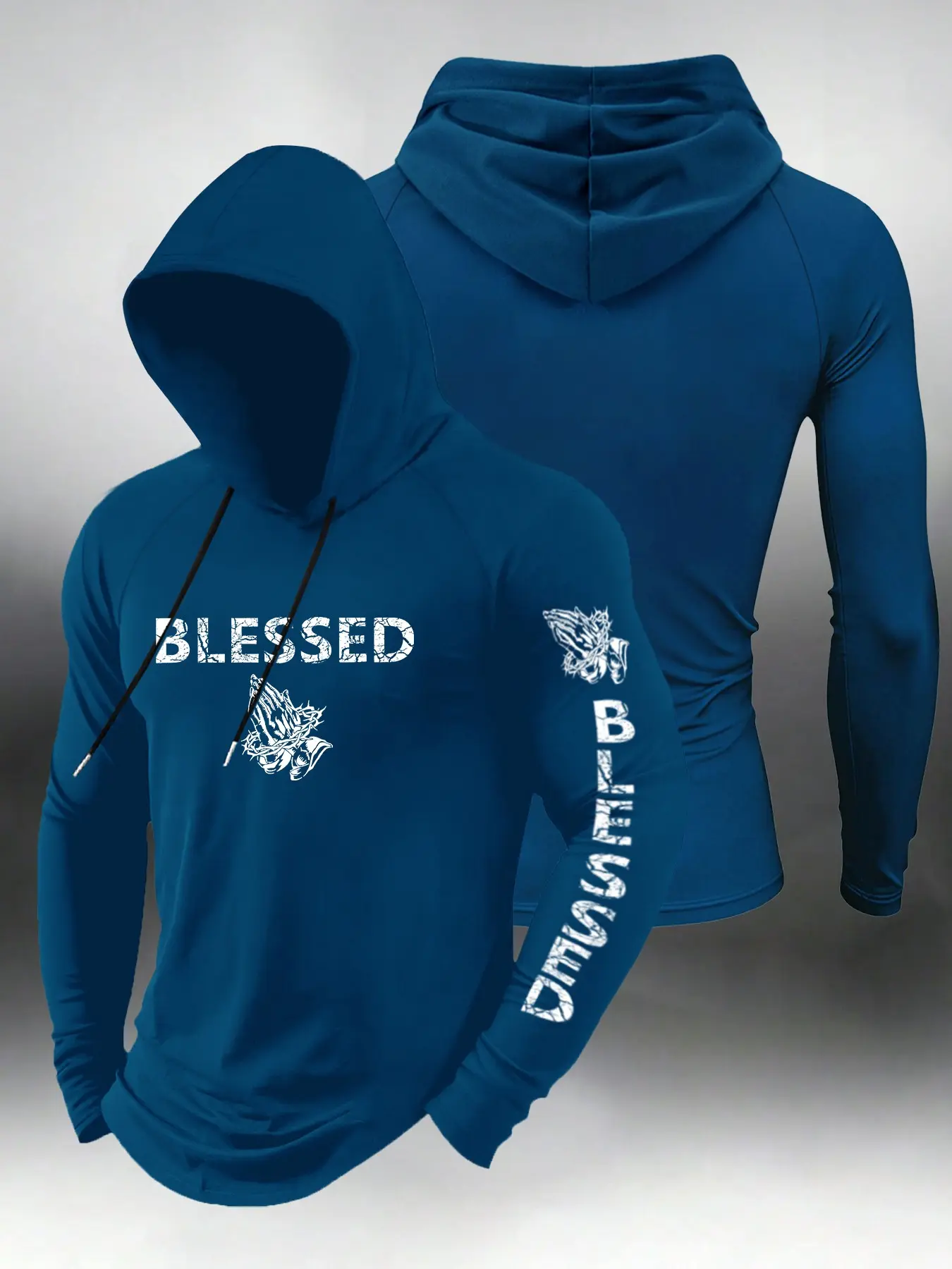 Men’s Blessed Prayer Hands Crackle Print Long Sleeve Hoodie, Faith‑Inspired Sleeve Graphic Pullover, All Season Pullover, Casual Streetwear Hooded Top