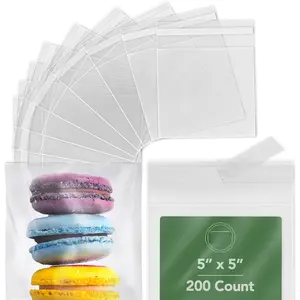 5 x 5 Inch Cellophane Bags 200 Pack -- Clear Self-ing Reable  Bags for Cookies, Candy, Pastries, Party Favors, Square Cello Packaging