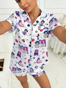 Spring Summer Women's Cardigan Collar Short Sleeve Shorts Set, Cartoon Print Pajama Pattern Casual Home Wear, Loose Fit Comfortable, Pajama Set, Homewear