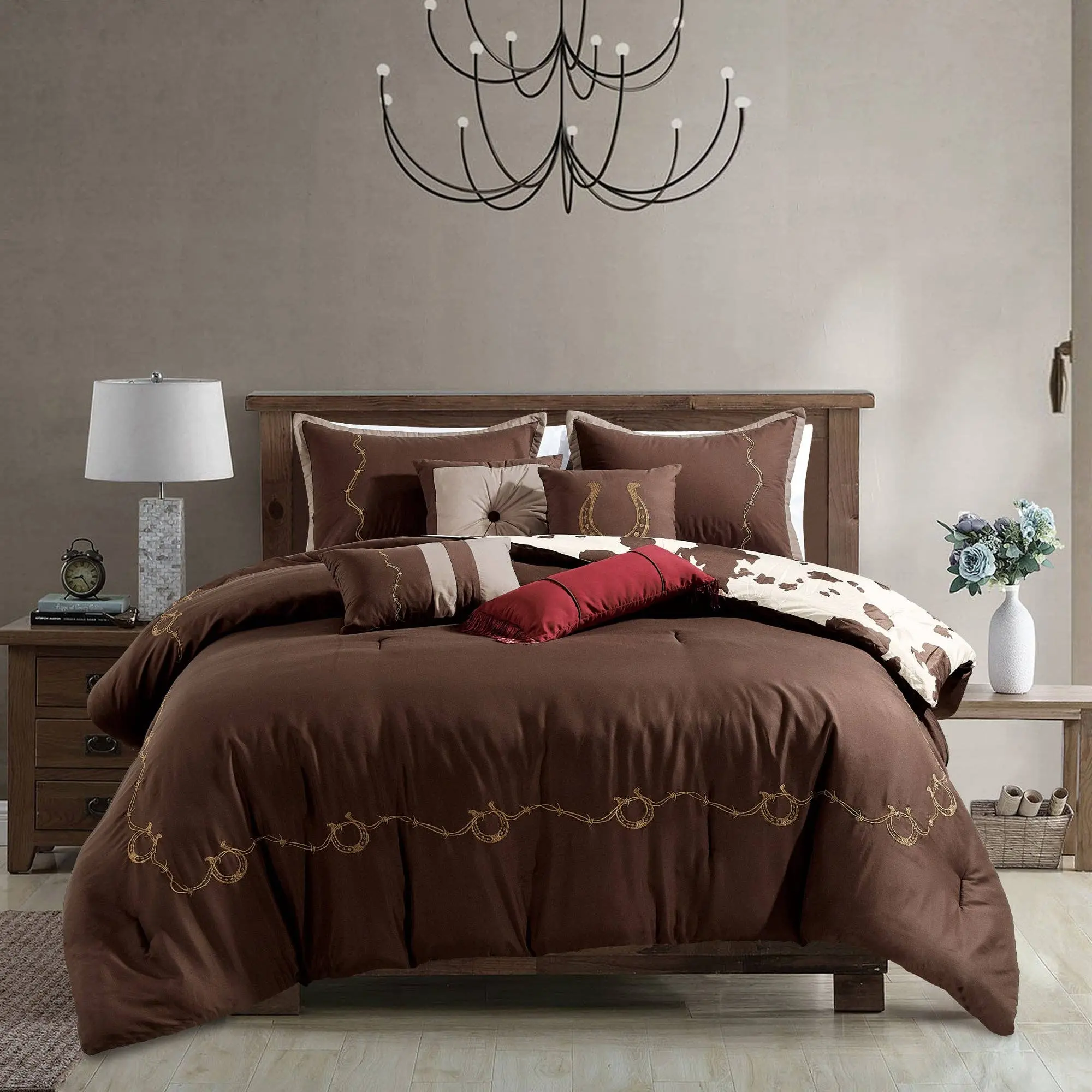 Linen Mart - Reversible Rustic Cowhide Brown Cow Skull Comforter Set - 7 Piece Set