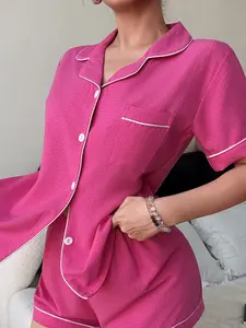 Valentine's Day Women's Fitted Pajama Set, Comfortable Cute Elastic Rose Button Shirt and Pants Two-Piece Sleepwear, Short Sleeve Shorts