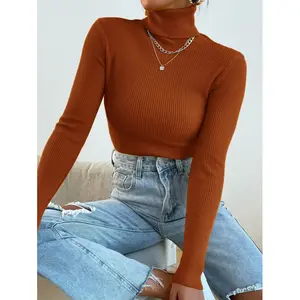 TurtleneckRibbedKnitSweaterWithoutNecklace,LongSleeveTopsKnitPulloverFallWinterOutfit Fabric Knitwear
