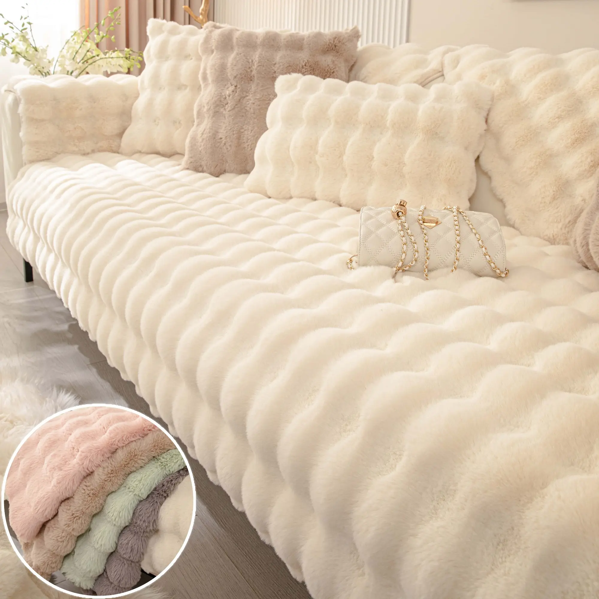 Plush Sofa Cover, Decorative Sofa Cover, Universal Sofa Protector, Soft Faux Fur Couch Cover, Cover for couch, Pet-Friendly Non-Slip & Machine Washable, Anti-Scratch Throw, Fits 1-4 Seater & L-Shape Sectional, Armrest Pieces, Living Room Decor