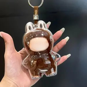 Mini Transparent Collection Case for Labubu 4.0, Durable Plastic Cover with Silicone Strap, Scratch Resistant Display Storage, Keychain Lanyard, Fluffy Bunny Keychain
