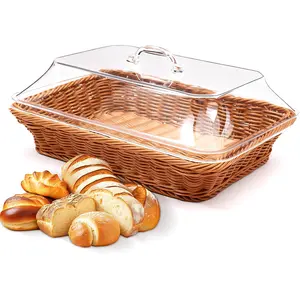 Large Imitation Rattan Wicker Basket Organiser (13.8in x 9.8in, 1 Pc) with Acrylic Lid, Kitchen Tabletop Food Serving Container, Fruit Tray for Dining Spaces