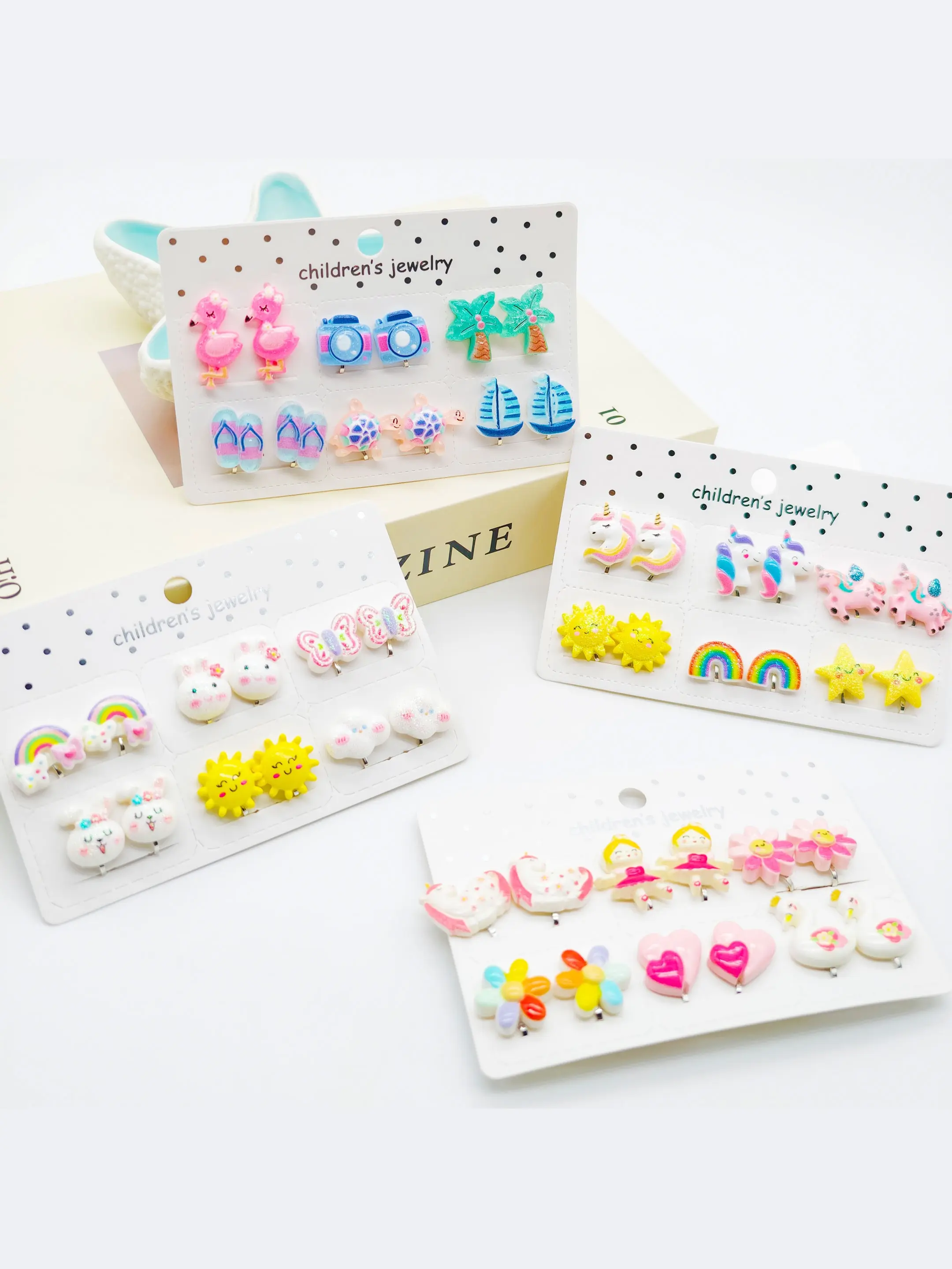 6 Pairs Unicorn/camera/sun/rainbow/heart/yacht Clip-On Earrings, Earring Set, Cute Cartoon Resin Jewelry, Perfect for Daily Wear and Gifts