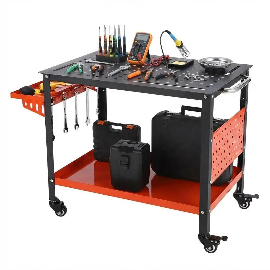 GAOMON Heavy Duty Welding Table with Wheels 36"X24",Welding Fixture Tables for Shop,Portable Welder Workbench with 5/8" Fixture Holes,Storage Panels, Tool Tray for Workshop Orange