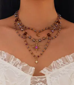 Fairycore Women's Cute Moon Tassel Pendant Necklace with Shimmering Purple & Amber Beads Gold Tone Chains & Mystical Charms for Glamorous Evenings