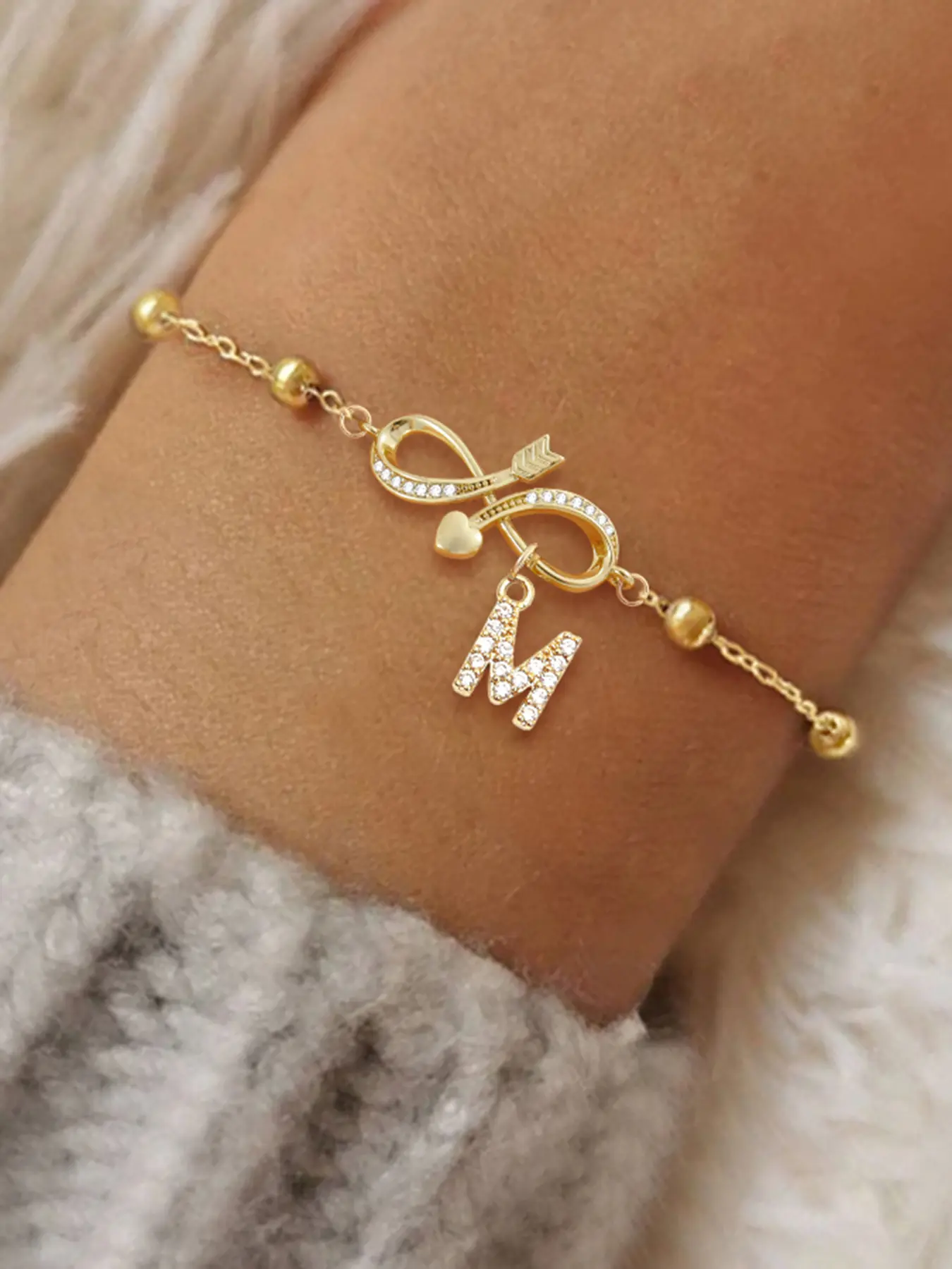 Women's Stainless Steel Bead Chain Bracelet, Letter Link Bracelet, Elegant Letter Pattern Zirconia Accent Arrow Infinity Symbol Design, Fashionable All Season Jewelry