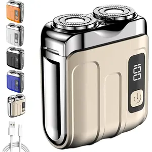 Traveller Mini Electric Beard Shaver - Rechargeable Shaver Machine with Double-Ring Magnetic Cutter, Removable Mesh, Waterproof Wet-Dry Use, Portable Cordless USB Fast Charging, Digital Display (Golden), Charger Included for Camping & Indoor Use