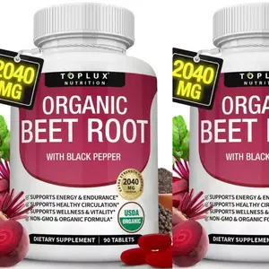 （Flash Sale 2 bottles）Toplux Organic Beet Root Tablets, High Strength 2040mg Nitric Oxide Booster Supplement, Supports Healthy Blood Flow, Heart Health & Workout Endurance, Natural Beetroot Extract Pills Dietary Vitamin Fitness Edible