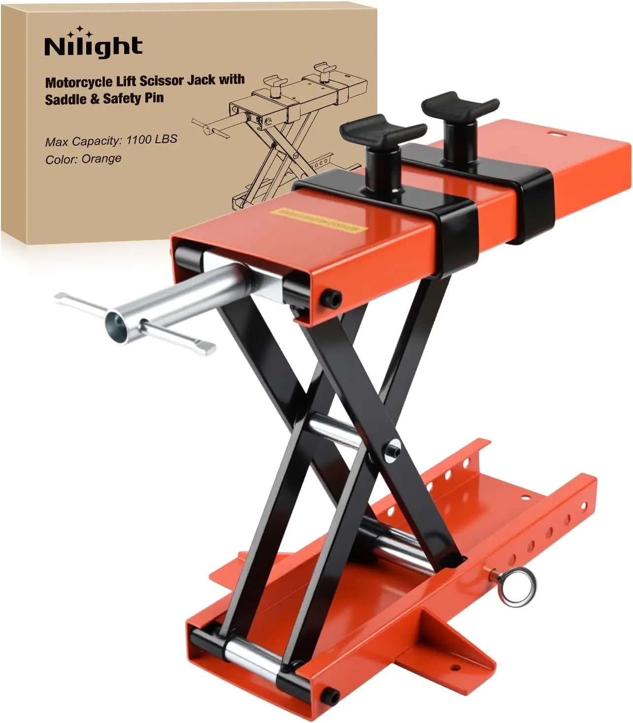 Nilight Heavy-Duty Steel Frame Motorcycle Scissor Jack, 1100 LBS Capacity with Saddle, Safety Pin, Removable Crank Handle, 3.7"-15.7" Height Adjustment Hoist Stand for Motorcycle Maintenance, Dual Protection, No Additional Tools Required
