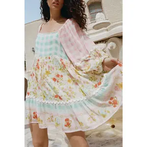 Pink Ric Rac Plaid Floral Print Patchwork Bubble Sleeve Dress