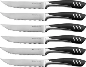 Bellemain Premium Steak Knives Set of 6 with Rust-Free Steel Blades for Precise Cutting Lightweight Durable Serrated Knives Dishwasher Safe