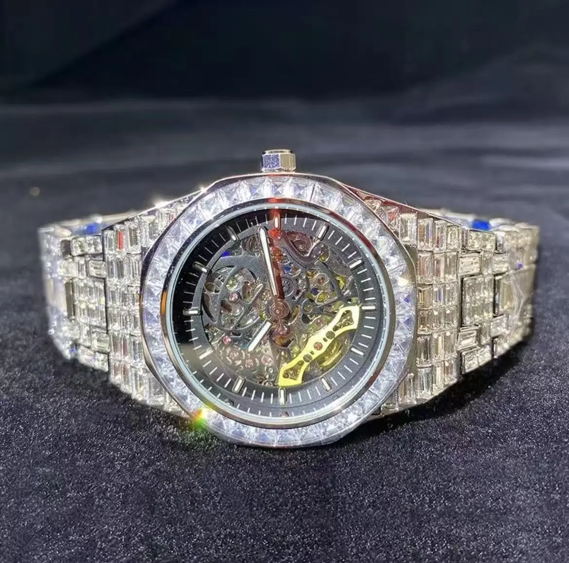 Iced-Out Baguette Diamond Skeleton Mechanical Watch