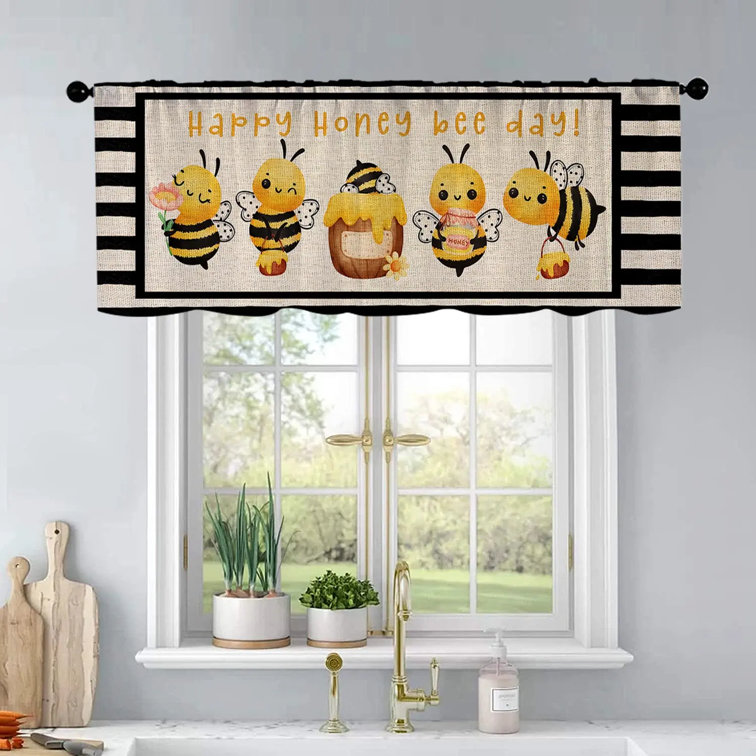 1pc Spring and summer bee stripes kitchen curtains Window Curtain living room bedroom bathroom home decoration Home Decorative Curtain 54 * 18 inches