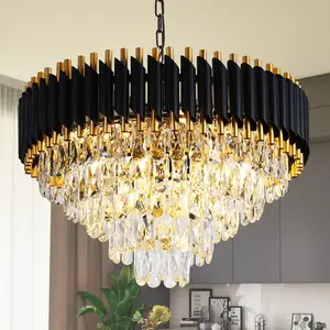 Modern Black & Gold Crystal Chandelier, Dimmable Chain-Link 5-Tier 23.6-Inch E12 Crystal Chandelier for Living Room/Dining Room/Bedroom