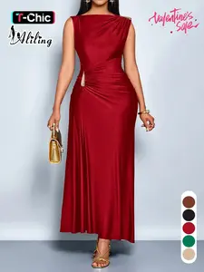 Aliling Elegant Chic Sleeveless Midi Dress for Women High Waist Folds Boat Neck Bodycon Fitted Solid Female Formal Evening Sexy Clothing Perfect for Party and Dates Elegant Chic Gown