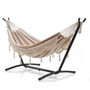 Home Portable Double Hammock with Heavy-Duty Steel Stand & Lace Detailing, Supports Up to 450 LBS – Perfect for Outdoor Patio, Backyard & Poolside Lounging, No-Tool Quick Assembly