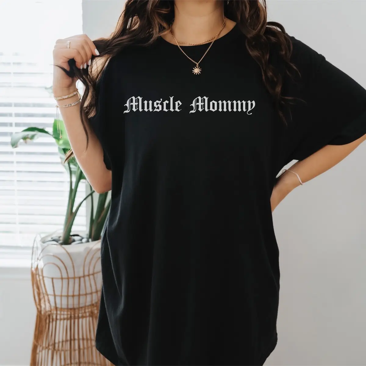 Muscle Mommy old English tshirt white writing, gym shirts, oversized workout shirts, plus size t-shirts, Cotton Top, fitness clothes, working out shirt, pump cover, big t-shirts for gym Cotton Fabric Streetwear Top Womenswear Polyester Sleeves