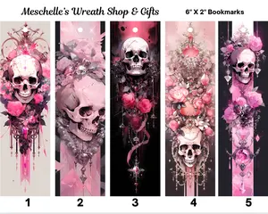 Pink Skulls Themed Glossy Bookmarks & Premium Adhesive Skull Stickers - 2x6 in Book Accessories, Unique Gift for Book Readers (Literature & Art, Painting & Design Accessory), Adhesive Stickers